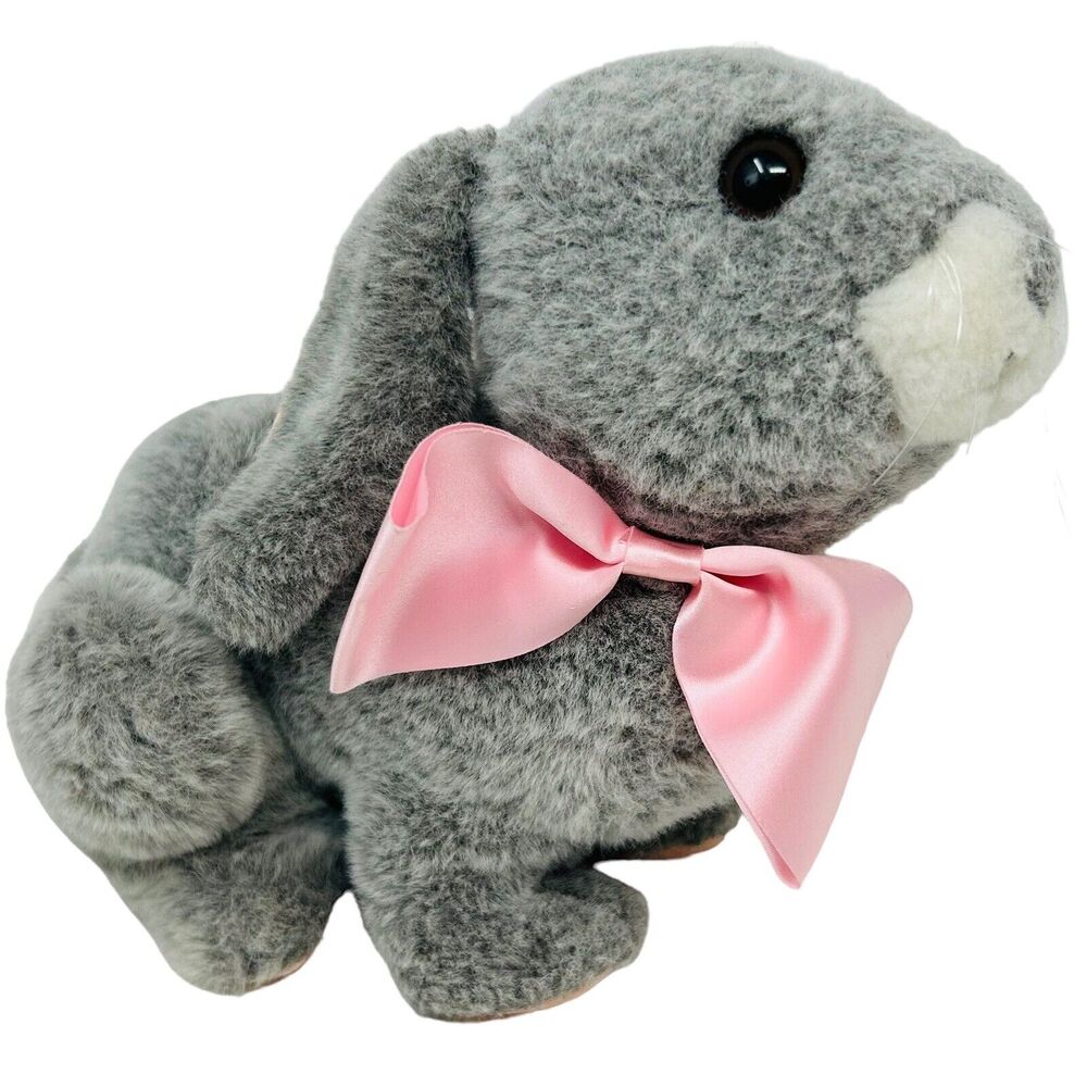 Vtg Applause 1985 Gray‎ Bunny Rabbit 9" Plush Stuffed Animal Pink Bow Brown Eyes
